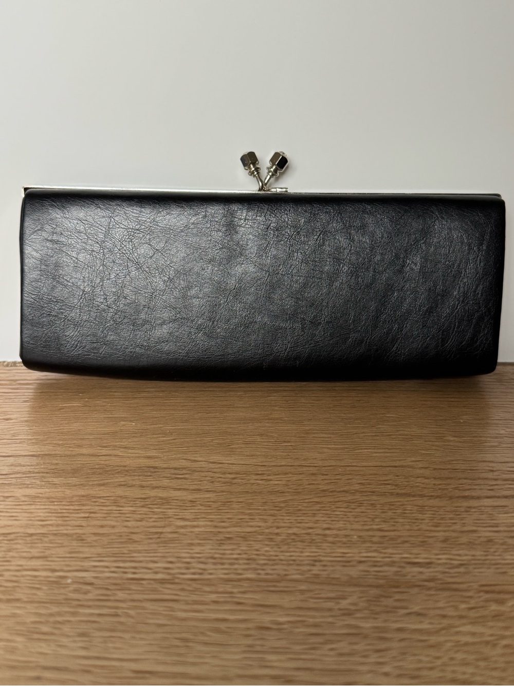 Lulu Townsend Black Leather Kiss-Lock Frame Evening Clutch With attachable strap